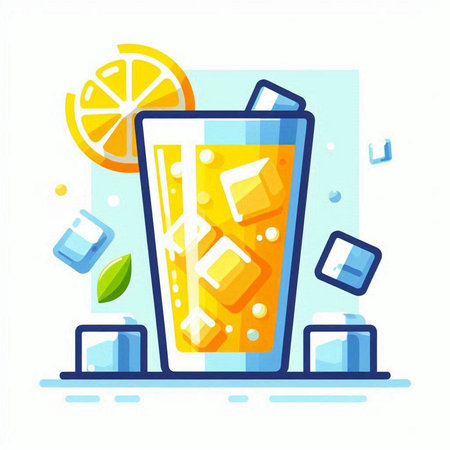 Glass of lemonade with ice cubes. Vector illustration in flat styleのイラスト素材