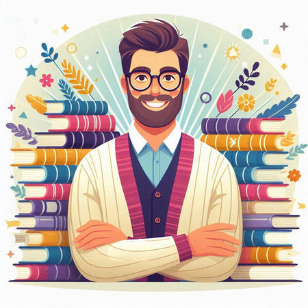 Young man in glasses standing near pile of books. Vector illustration.のイラスト素材