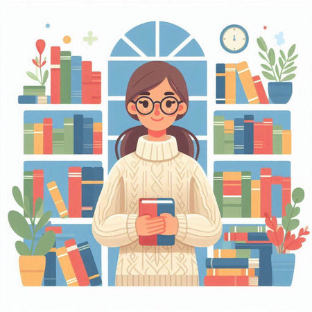 Woman in glasses and sweater standing near bookshelf and using smartphone. Flat vector illustration.のイラスト素材