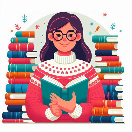 Vector illustration of a young woman in glasses reading a book at the library.のイラスト素材