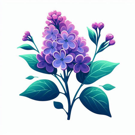 Illustration of purple lilac flowers with green leaves on white backgroundのイラスト素材