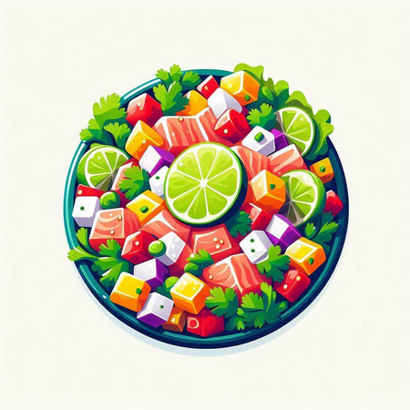 Salad with red fish and vegetables on a plate. Vector illustration.のイラスト素材