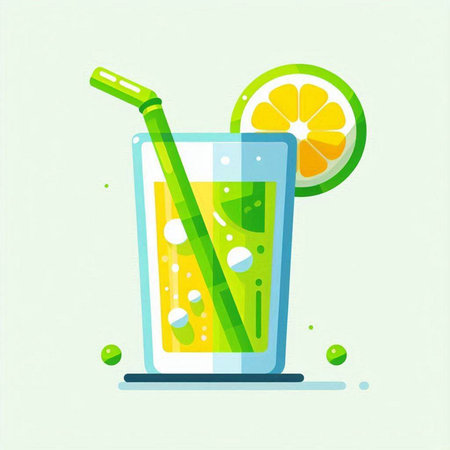 Cocktail with lime and straw in flat style. Vector illustration.のイラスト素材