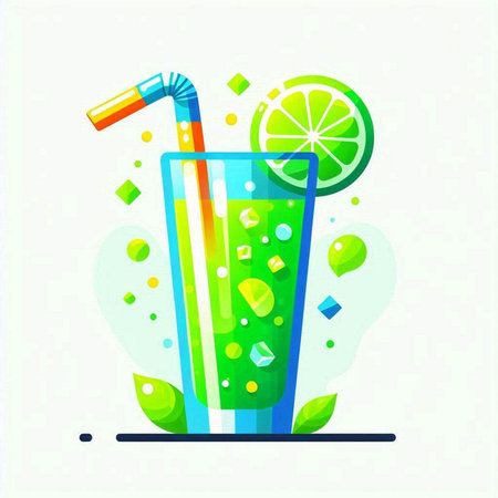 Cocktail with lime and straw. Vector illustration in flat styleのイラスト素材