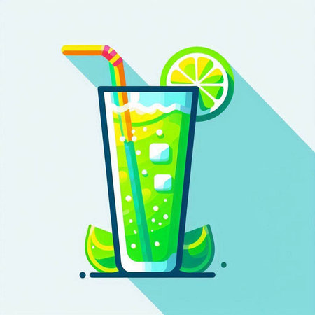 Cocktail with lime and straw in flat style. Vector illustration.のイラスト素材