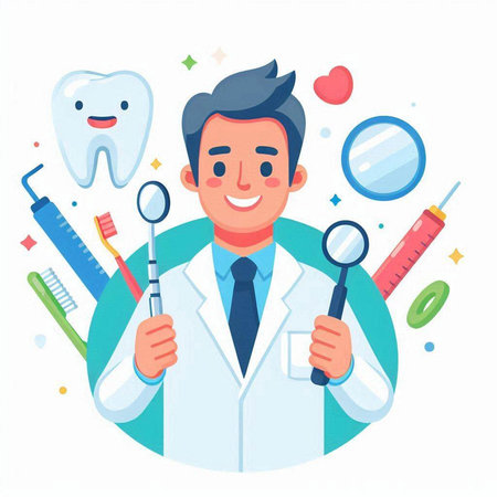 Dentist with stomatology tools. Vector illustration in cartoon styleのイラスト素材