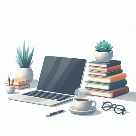 Laptop, coffee, books, glasses and potted plants on a white backgroundのイラスト素材