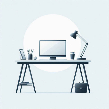 Workplace with computer, lamp and office supplies. Vector illustration.のイラスト素材