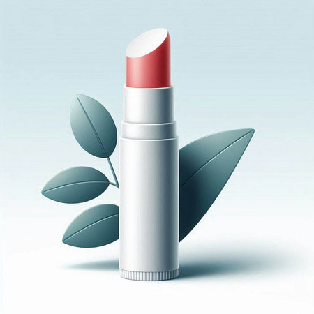 Lipstick and green leaves on blue background. Vector illustration.のイラスト素材