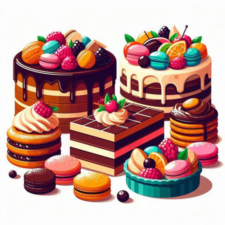 Set of cakes, macaroons, macarons and cookies. Vector illustration.のイラスト素材