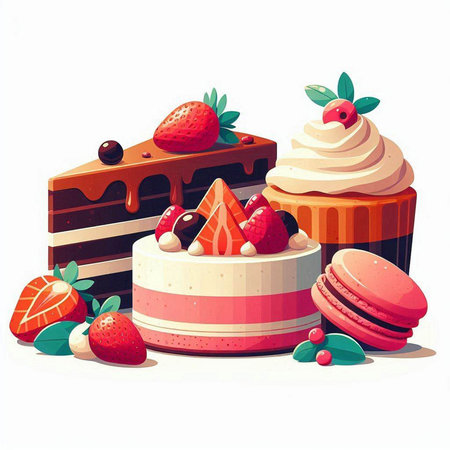 Cake, macaroon, strawberry, cake. Vector illustrationのイラスト素材