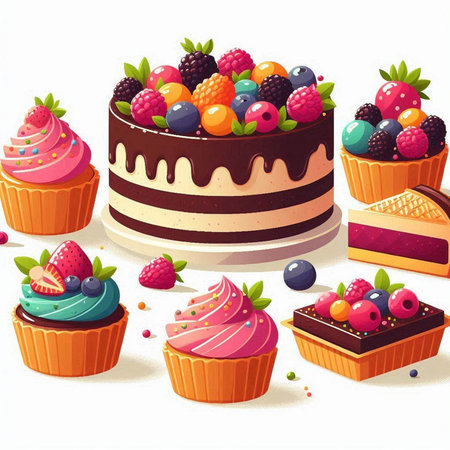 Illustration of a set of cakes with berries on a white backgroundのイラスト素材
