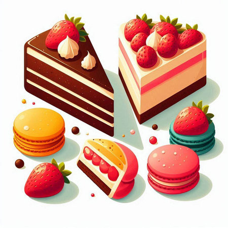 Vector illustration of a chocolate cake with strawberries and macaroons.のイラスト素材