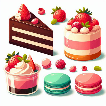 Vector illustration of a set of different types of cakes and macaroonsのイラスト素材