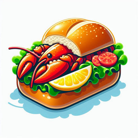 Illustration of a lobster and hamburger on a white background.のイラスト素材