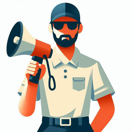 Security guard holding megaphone. Vector illustration in flat style.のイラスト素材