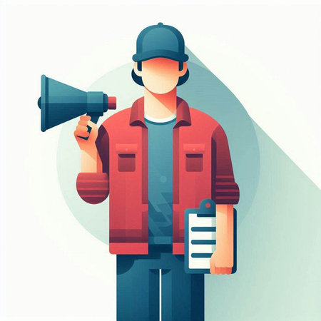 Flat design illustration of a man holding a megaphone.のイラスト素材