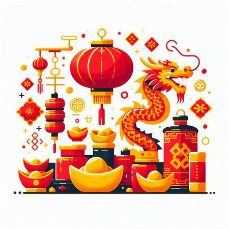 Chinese New Year flat design illustration with red dragon, gold ingots, lanterns, gold ingots.のイラスト素材