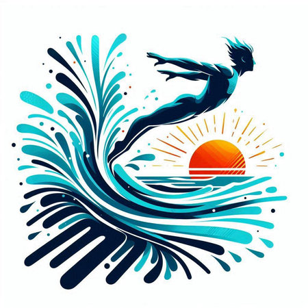 swimmer on the background of a wave and sun. Vector illustrationのイラスト素材