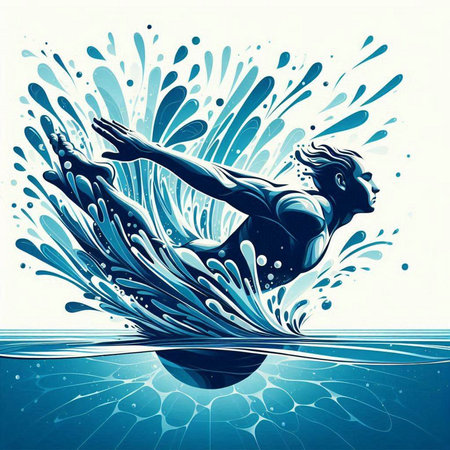 Surfer girl in the blue water with splashes. Vector illustration.のイラスト素材
