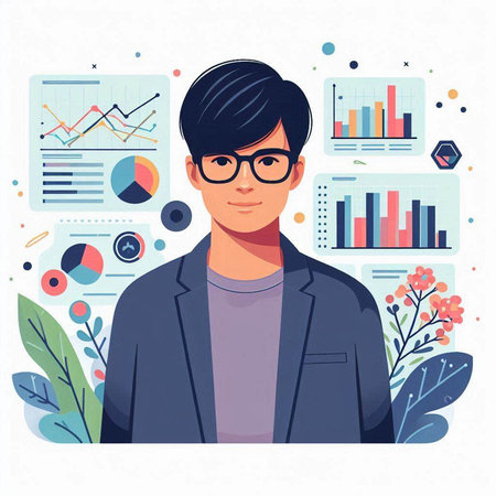 Vector illustration of a young man in a business suit and glasses. Flat style.のイラスト素材