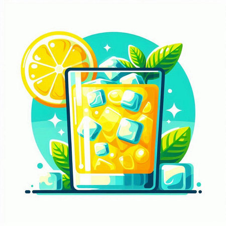 Cocktail with ice cubes, lemon and mint. Vector illustration.のイラスト素材