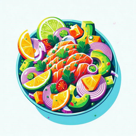 Salmon salad in a bowl. Vector illustration. Eps 10.のイラスト素材