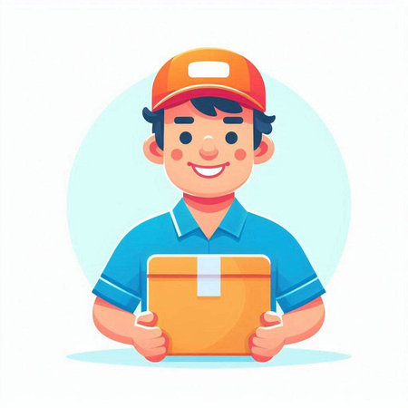 Cartoon delivery man holding box. Delivery concept. Vector illustration.のイラスト素材
