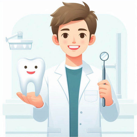 Dentist holding dental mirror and tooth. Vector illustration in cartoon styleのイラスト素材
