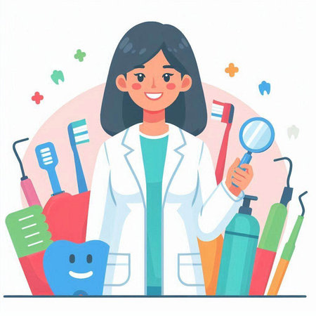 Dentist woman in uniform with tools. Vector illustration in flat styleのイラスト素材