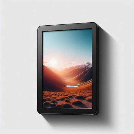 tablet pc with a picture of mountains and sun in the backgroundのイラスト素材