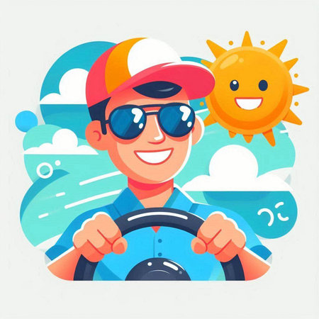 Man driving a car on the beach. Vector illustration in cartoon styleのイラスト素材