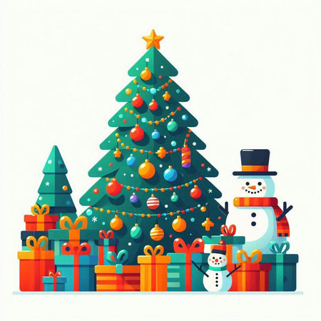 Christmas tree with snowman and presents. Vector illustration in flat styleのイラスト素材