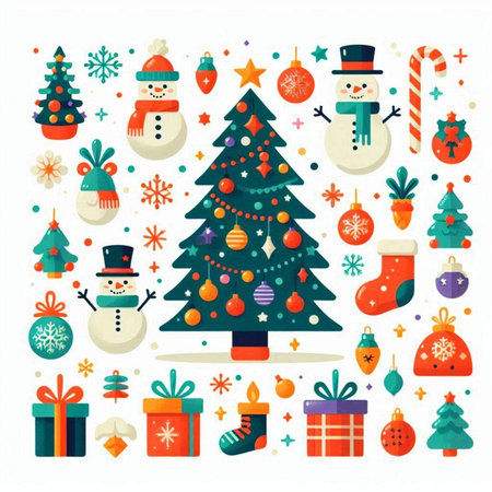 Christmas and New Year flat icons set. Xmas tree, snowman, gift boxes, snowflakes, snowman, candy cane. Vector illustration.のイラスト素材