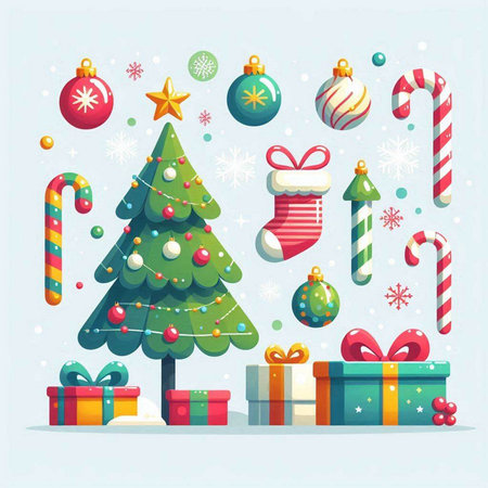 Christmas tree with gift boxes and candy canes. Vector illustration.のイラスト素材
