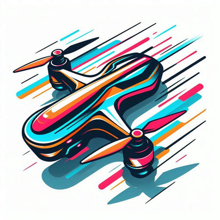 Vector illustration of a flying drone on a background of colored stripes.のイラスト素材
