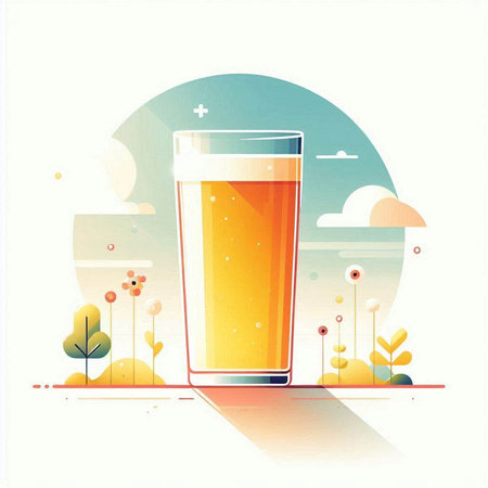 Glass of beer on the background of the summer landscape. Vector illustrationのイラスト素材