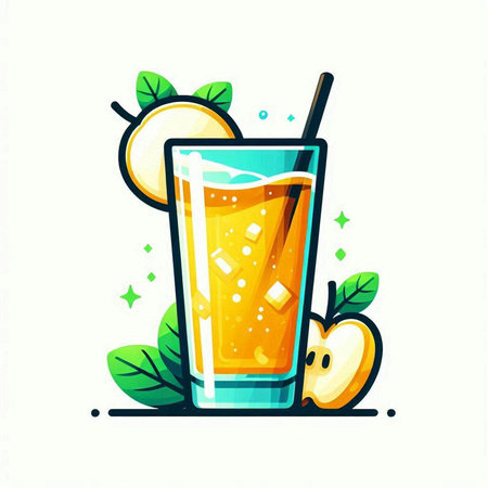 Orange juice in glass with straw and slice of apple. Vector illustration.のイラスト素材