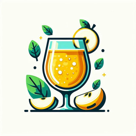 Vector illustration of a glass of fresh apple juice with slices of fruit and leaves.のイラスト素材