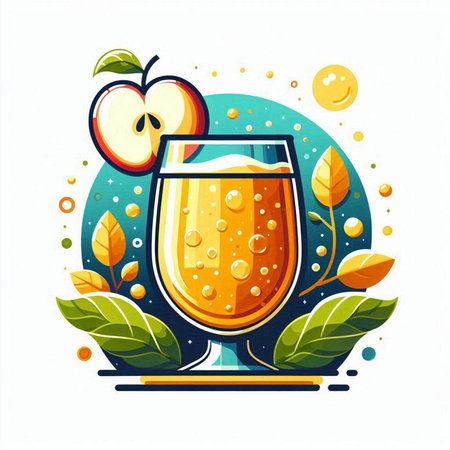 Glass of apple juice with apple slices and leaves. Vector illustration.のイラスト素材