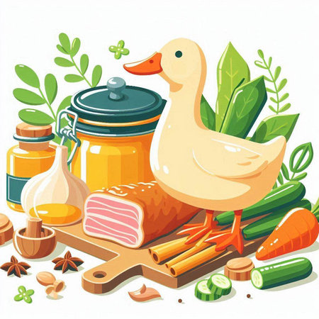 Illustration of a duck and ingredients for cooking on a white backgroundのイラスト素材