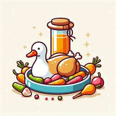 Vector illustration of a healthy diet with chicken, carrot, peas, cucumber, radish, celery.のイラスト素材