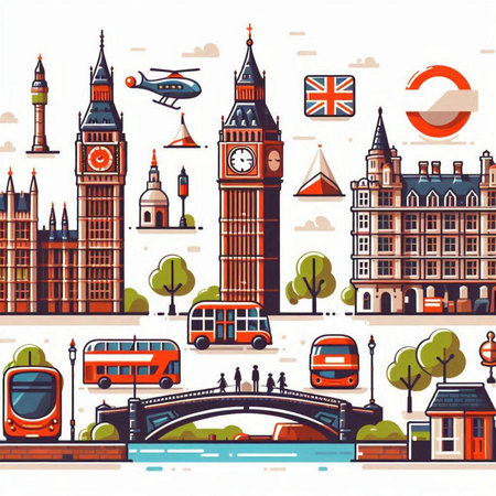 Big Ben, Houses of Parliament, Westminster Bridge, Double-decker bus, London Bus, Tower Bridge, London Skyline. Vector illustrationのイラスト素材