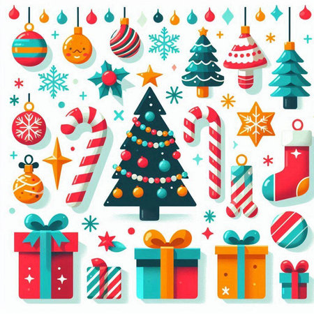 Set of Christmas and New Year elements in flat style. Vector illustration.のイラスト素材