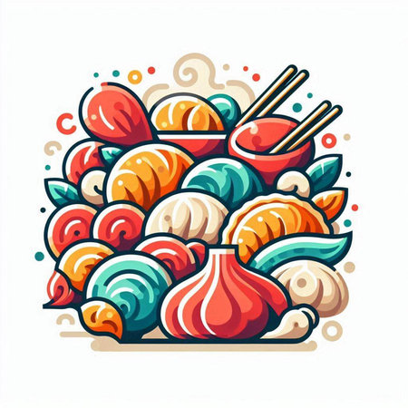 Colorful vector illustration of chinese dumplings with chopsticks.のイラスト素材