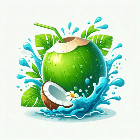 Coconut water splash with fresh fruits and leaves. Vector illustration.のイラスト素材