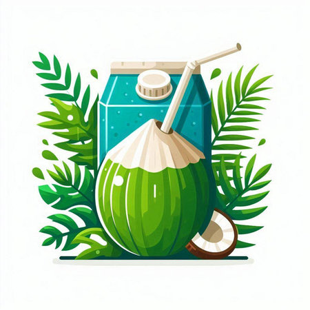 Coconut juice with a straw on a white background. Vector illustration.のイラスト素材