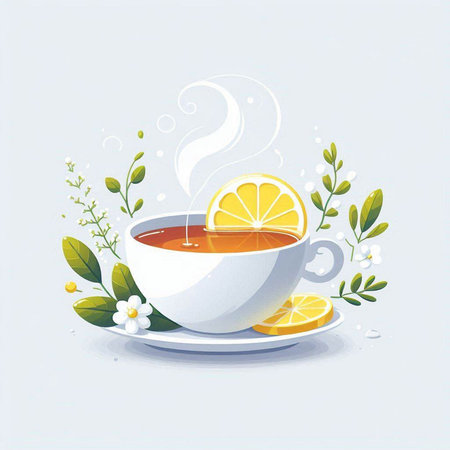 cup of tea with lemon and herbs on a white background, vector illustrationのイラスト素材