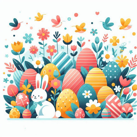 Easter background with eggs, flowers and bunny. Vector illustration.のイラスト素材