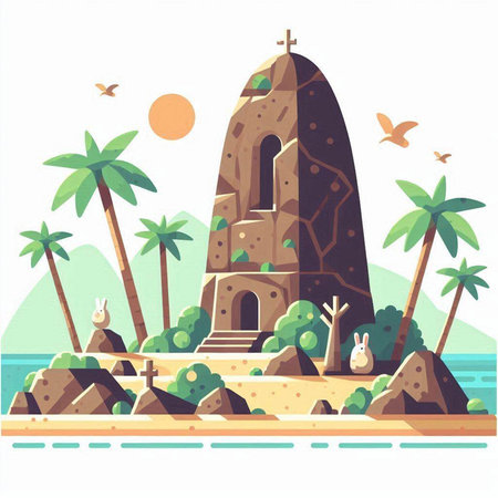 Ancient temple on the beach. Vector illustration in flat cartoon style.のイラスト素材